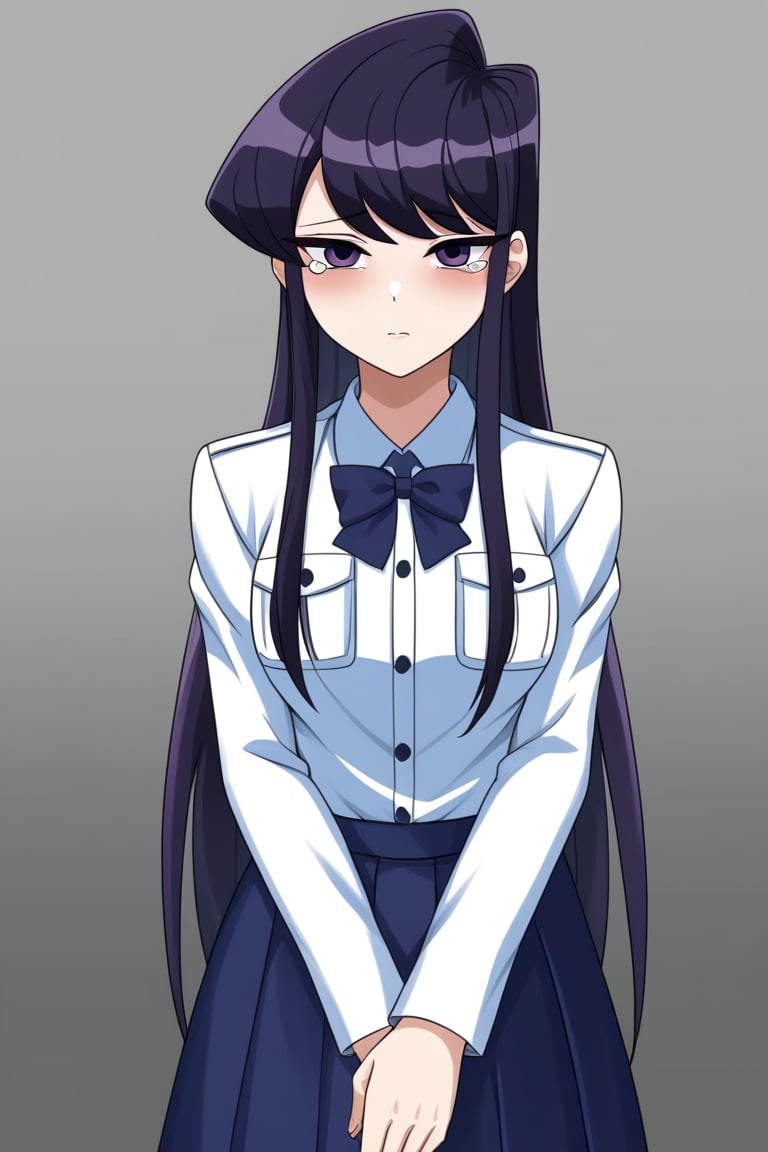 sad woman, crying, dark blue school uniform, blue uniform, purple eyes, sad and gloomy expression, long hair, straight hair, long straight hair, very dark purple hair, long haired woman, uniform, school uniform, komi_shouko, sad, depressing, red eyes, tears, loneliness, sad, alone, upset, background: dark, black, shadows.