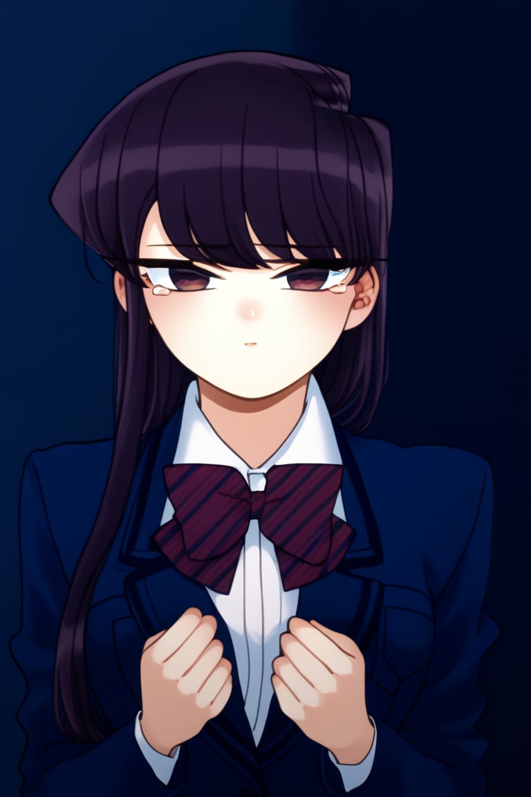 sad woman, crying, dark blue school uniform, blue uniform, purple eyes, sad and gloomy expression, long hair, straight hair, long straight hair, very dark purple hair, long haired woman, uniform, school uniform, komi_shouko, sad, depressing, red eyes, tears, loneliness, sad, alone, upset, background: dark, black, shadows.