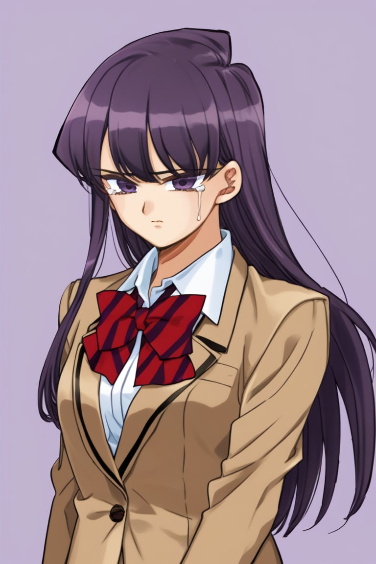 sad woman, crying, school uniform, purple eyes, sad and gloomy expression, long hair, straight hair, long straight hair, very dark purple hair, long haired woman, uniform, school uniform Background: School, hallways, students background
