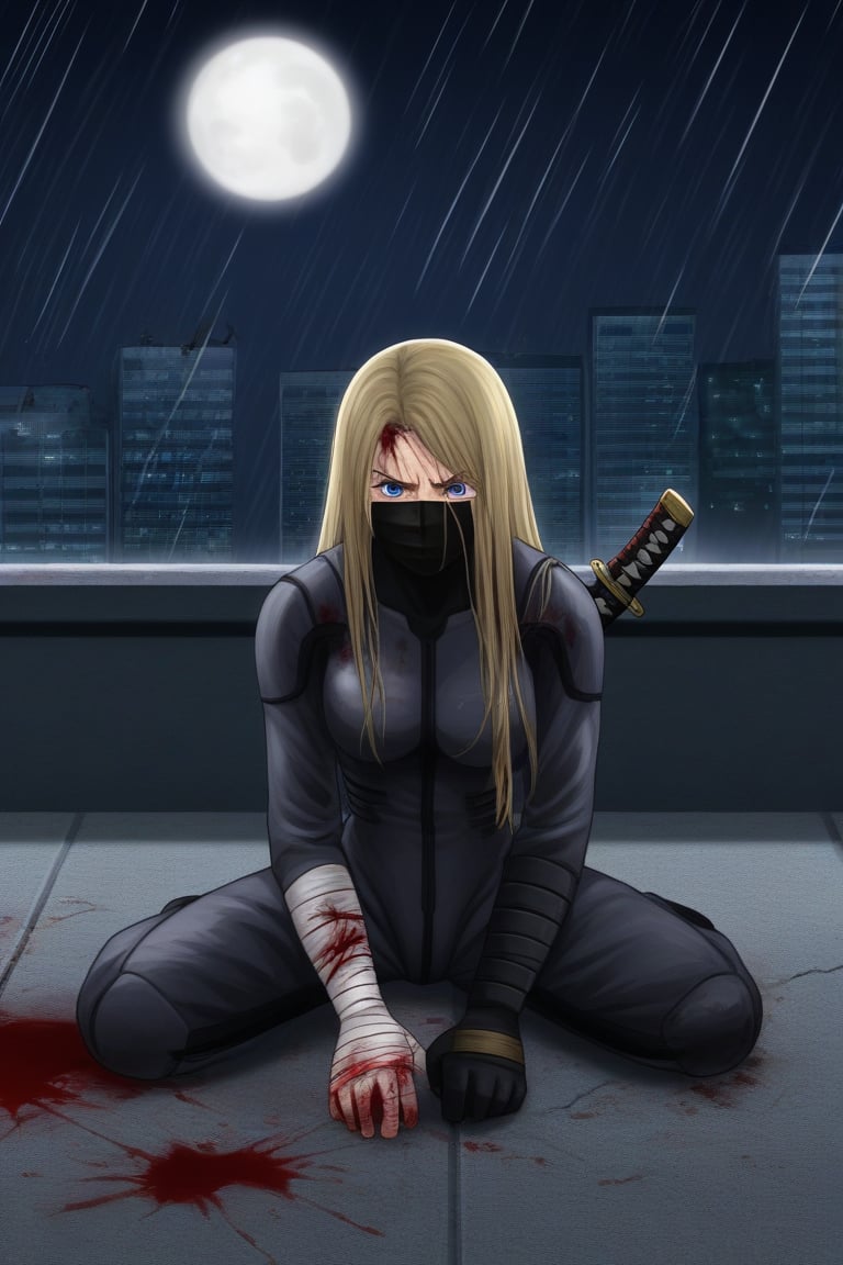 blonde woman, mature, adult, tall stature, outlined eyes, fine features, blue eyes, blue irises, straight hair, long hair, covered head, covered head, black bandages, black face mask, samurai suit, fighting suit, black samurai fighting suit, broken fighting suit, bloody suit, katana with disc, disk, small size disk, white color with black stripes, upper part drawn 空, wounds, wounds all over body, blood, broken suit, incomplete suit, pain, hurt, sitting, background, roof, night, rain, full moon,