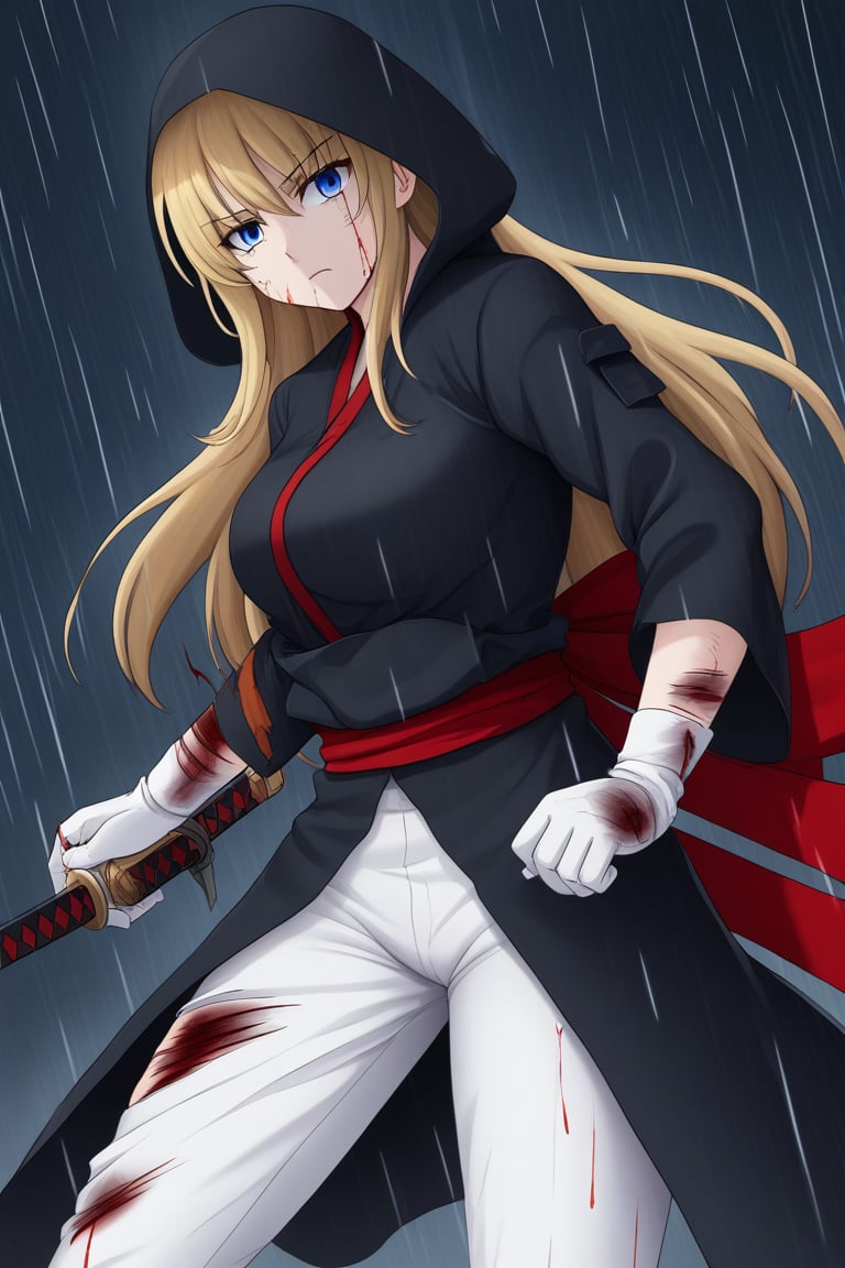 ((masterpiece, best quality)), woman, blue eyes, dark blonde hair, long hair, black hood, samurai suit, white pants, white gloves, suit with red details, black color, torn suit, bloody suit, sword, wounds, wounds all over the body, blood, serious, in a night background, rain, thunder, anime composition