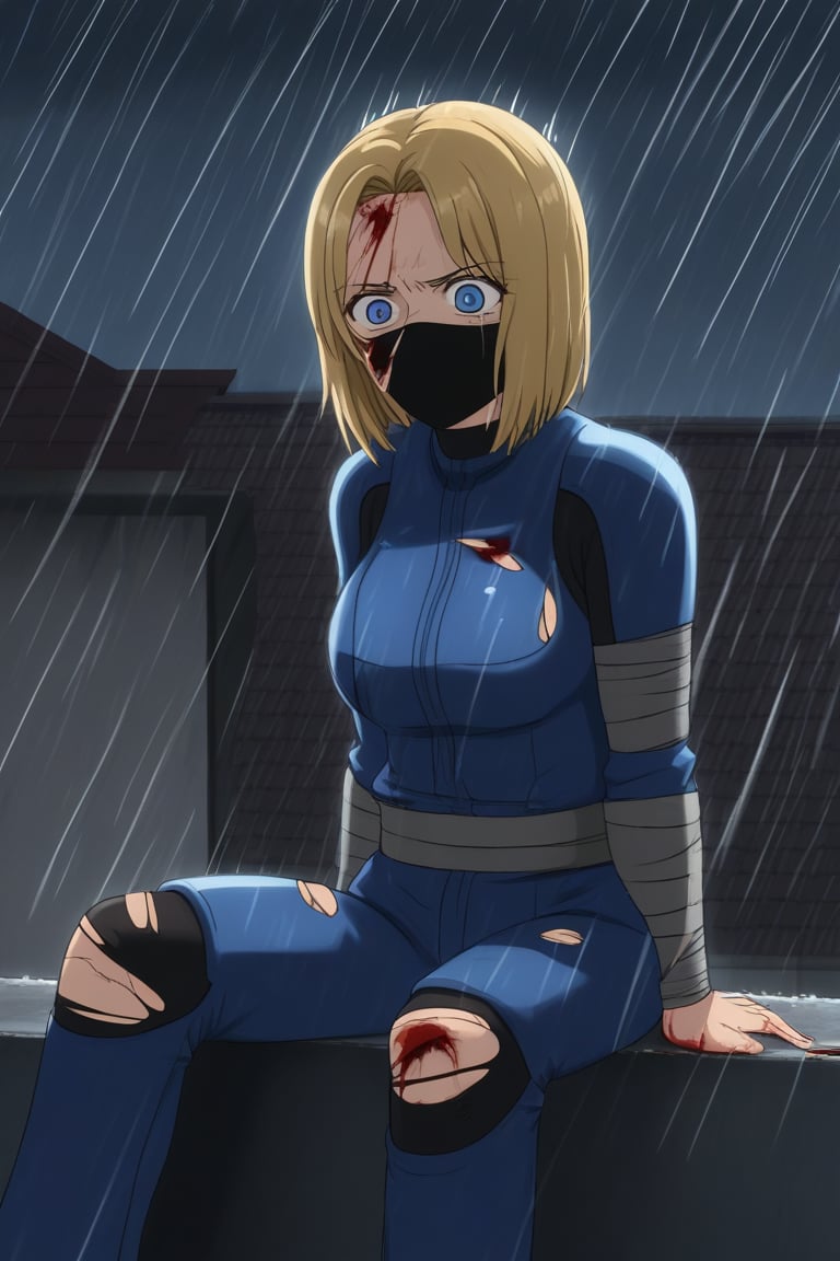 blonde woman, mature, adult, tall, outlined eyes, fine features, blue eyes, blue irises, straight hair, covered head, capped head, black face mask, samurai suit, fighting suit, torn fighting suit, bloody suit, katana with discs, wounds, wounds all over body, blood, pain, hurt, sitting, background, roof, night, rain, thunder.
