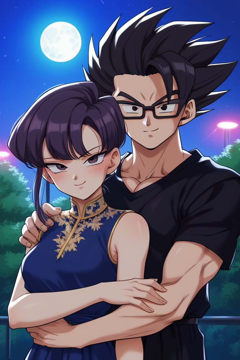 Man and woman hugging each other. Man with black-framed glasses, black-framed glasses, scar on left eye, scar on left eye, scar on left eye, serious and penetrating look, dark iris, black iris, black hair, short hair, spiky hair, locks standing up in irregular tips, jet-black hair, long, spiky lock of hair points downwards, jet-black hair, black T-shirt, sleeveless T-shirt, half-smile, arrogant smile. sayan, future, score_7_up, score_8_up, score_9, gohan_ultimate, gohan, black eyes, black clothes, glasses, hug, spiky hair, long sleeves,
Woman smiling happily, purple eyes, sweet and cheerful expression, long straight hair, very dark purple hair, sleeveless dress, sleeveless dress, navy blue dress, dress with gold details, dress with gold details, gold lace dress, gold lace dress, dress with cutout on the chest, dress with cutout on the chest, bare chest, bare chest, dress with cutout on the chest, bare chest. Background: clear night, park, lights, bushes, full moon, shouko komi, blue clothes, source_anime, score_7_up, score_8_up, score_9, gohan_ultimate, komi shouko, hug,