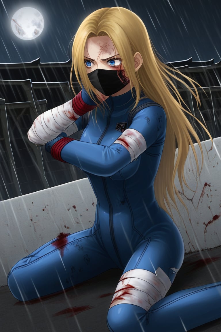 blonde woman, mature, adult, tall stature, outlined eyes, fine features, blue eyes, blue irises, straight hair, long hair, covered head, covered head, black bandages, black face mask, samurai suit, fighting suit, black samurai fighting suit, broken fighting suit, bloody suit, katana with disc, disk, small size disk, white color with black stripes, upper part drawn 空, wounds, wounds all over body, blood, broken suit, incomplete suit, pain, hurt, sitting, background, roof, night, rain, full moon,