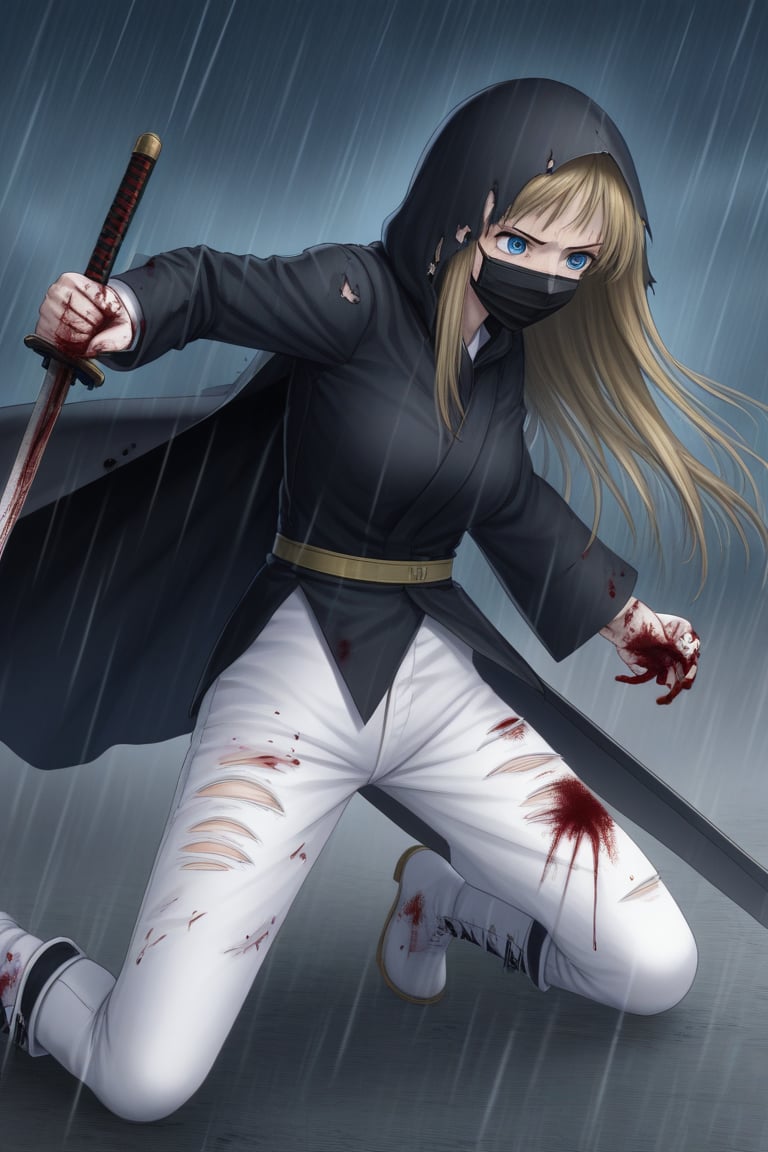 ((masterpiece, best quality)),
woman alone, dark blonde hair, detailed features, blue eyes, long hair, black hood, half face mask, black samurai suit, white pants, white boots with black stripes, detailed suit, red and gold details, black and torn fighting suit, suit with blood, sword, wounds, wounds all over the body, blood, pain, hurt, night background, rain, thunder in the background, anime composition.
