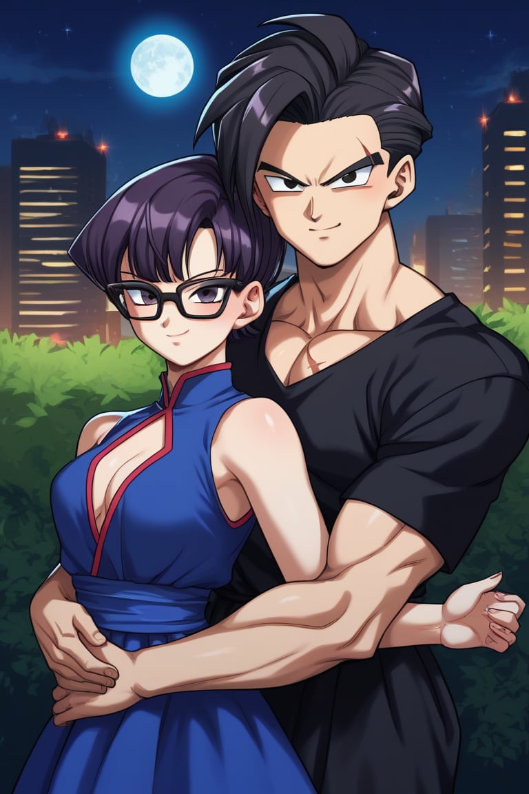 Man and woman hugging each other. Man with black-framed glasses, black-framed glasses, scar on left eye, scar on left eye, scar on left eye, serious and penetrating look, dark iris, black iris, black hair, short hair, spiky hair, locks standing up in irregular tips, jet-black hair, long, spiky lock of hair points downwards, jet-black hair, black T-shirt, sleeveless T-shirt, half-smile, arrogant smile. sayan, future, score_7_up, score_8_up, score_9, gohan_ultimate, gohan, black eyes, black clothes, glasses, hug, spiky hair, long sleeves,
Woman smiling happily, purple eyes, sweet and cheerful expression, long straight hair, very dark purple hair, sleeveless dress, sleeveless dress, navy blue dress, dress with gold details, dress with gold details, gold lace dress, gold lace dress, dress with cutout on the chest, dress with cutout on the chest, bare chest, bare chest, dress with cutout on the chest, bare chest. Background: clear night, park, lights, bushes, full moon, shouko komi, blue clothes, source_anime, score_7_up, score_8_up, score_9, gohan_ultimate, komi shouko, hug,