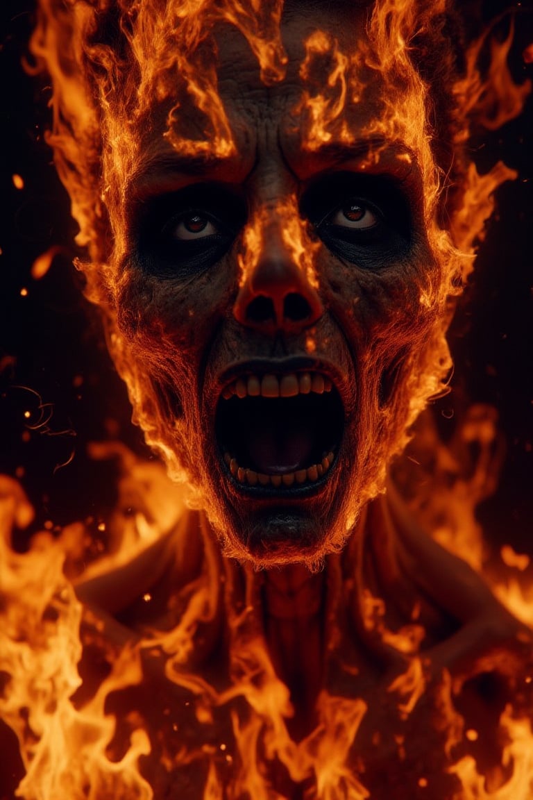 close-up of a burning woman, burnt skin, facial expression of pain, very elaborate and detailed, very fine details, very contrasting shadows, strong frontal overhead lighting