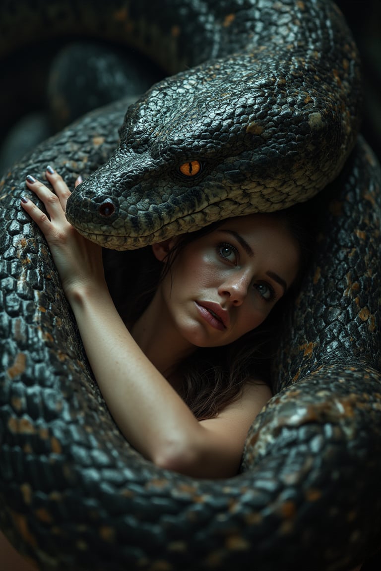 Giant anaconda coiled around a woman as she is choking, woman's facial expression of terror, very elaborate and detailed, very fine details, very contrasting shadows, strong backlighting