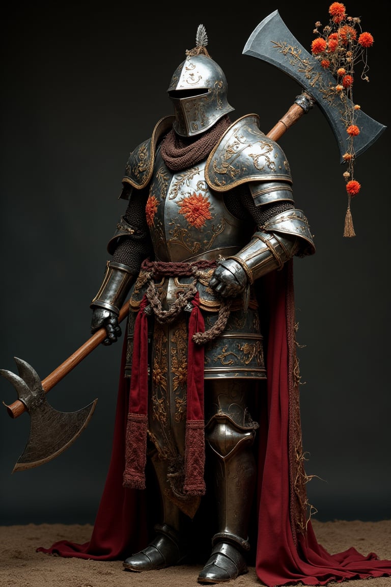  Full body shot of a medieval knight wearing steel armor with autumn flower decoration and detailing, carrying a large battle axe, very elaborate and detailed, very fine details, very contrasting shadows, strong side lighting, MEDIEVAL ARMOR