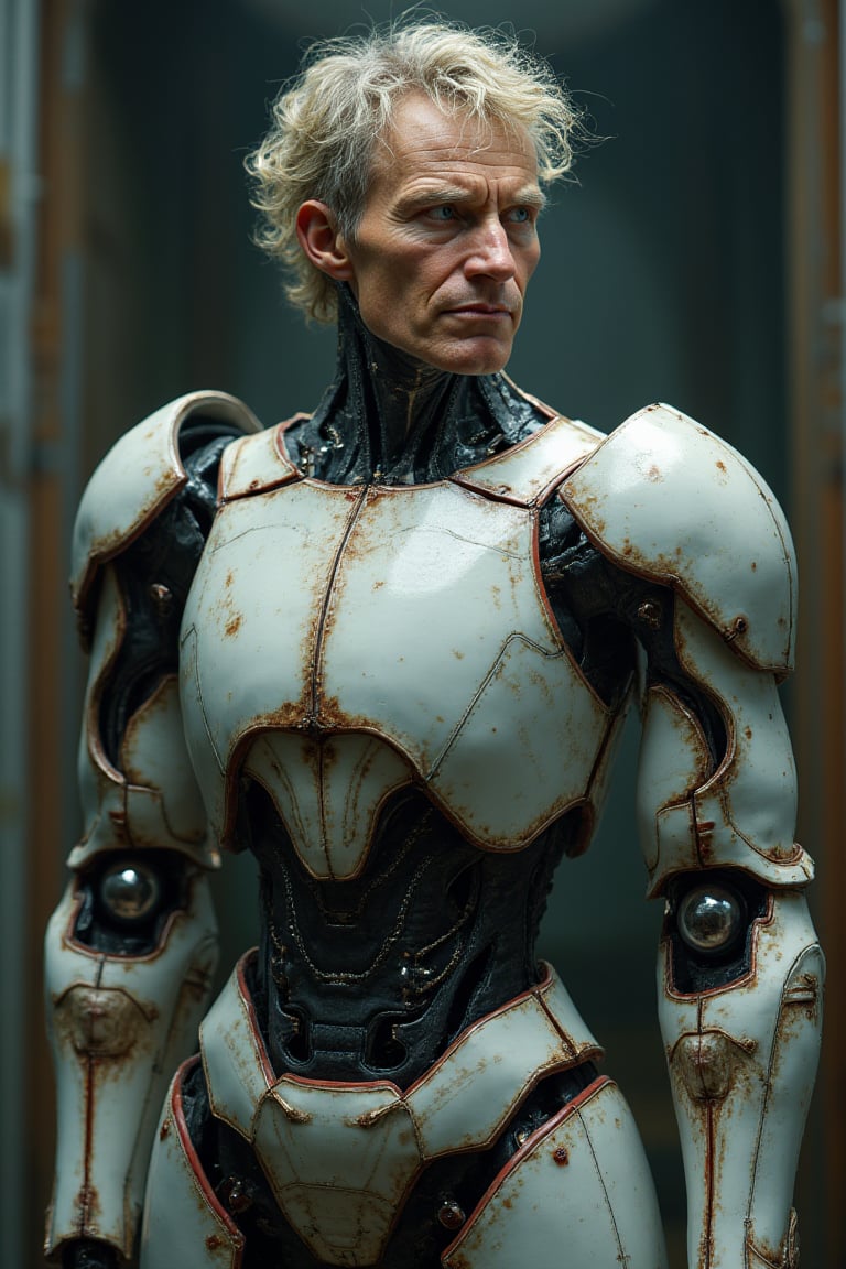 Full body image of a humanoid combat android with white, red and white colors, its head is that of a 45 year old man with very detailed skin with pores and wrinkles due to age, blond hair with gray somewhat curly and tangled, at the door of a laboratory, very elaborate and detailed, very fine details, very contrasting shadows, overhead lighting,MECH,COMBAT ARMOR,MEDIEVAL ARMOR