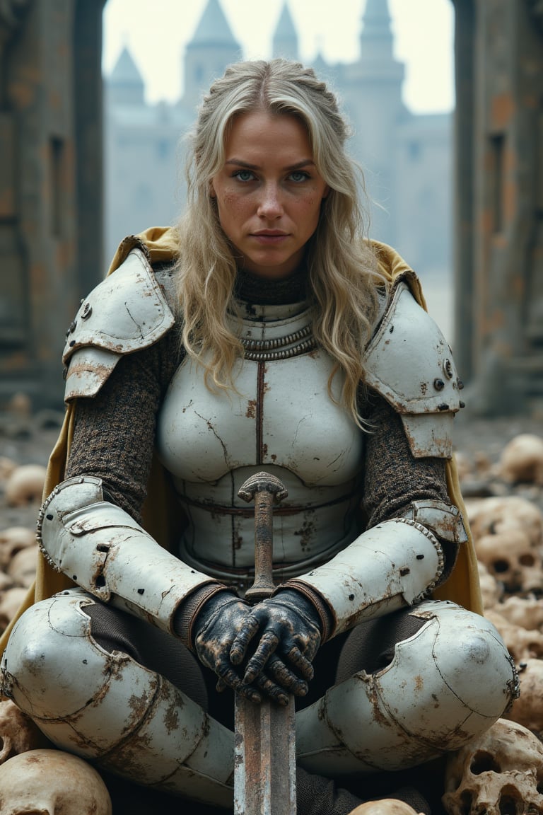   a warrior woman with armor fused between medieval armor and white futuristic combat armor without a helmet, her face is that of a 30-year-old warrior tanned in many battles, skin with pores and natural wrinkles of age and a scar on her right cheek, her blonde hair with gray and white grays, her armor is dirty, dented and clothing in some parts, holding the handle of her great two-handed saw-sword of one meter and twenty centimeters between her hands, she is wearing very tanned and cracked black leather gloves, she is sitting on a pile of human skulls at the entrance of a castle full of towers and beacons, very elaborate and detailed, fine details, very contrasted shadows, 8k resolution, hands with five fingers of normal proportions without deformations and without stuck fingers  MECH,MEDIEVAL ARMOR,COMBAT ARMOR