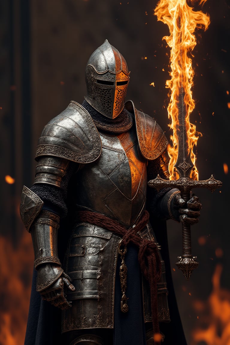 Medieval knight with very elaborate silver armor and with many details carrying a large magic sword burning in flames, very elaborate and detailed, very fine details, very contrasting shadows, strong frontal overhead lighting, only the magic sword is burning, nothing else burns in the scene,MEDIEVAL ARMOR