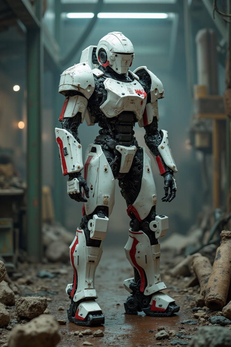 Humanoid combat android with white, red and white colors, in a robot factory looking for parts to repair itself, very elaborate and detailed, very fine details, very contrasting shadows, overhead lighting, MECH,COMBAT ARMOR,MEDIEVAL ARMOR