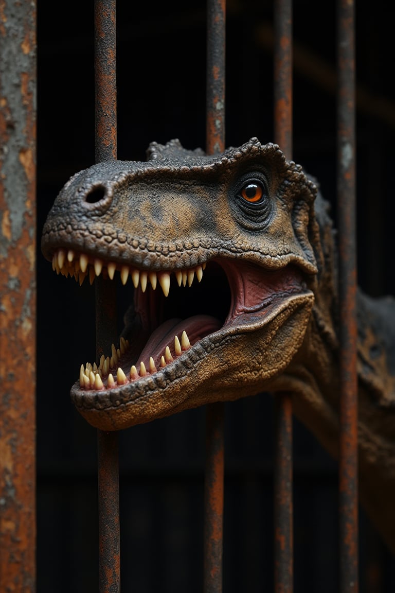 Close-up of a velociraptor that has poked its head out from between the bars of a very rusty steel cage, it has its mouth open full of teeth, strong overhead side lighting, very contrasted shadows, head in focus, dark and out-of-focus background