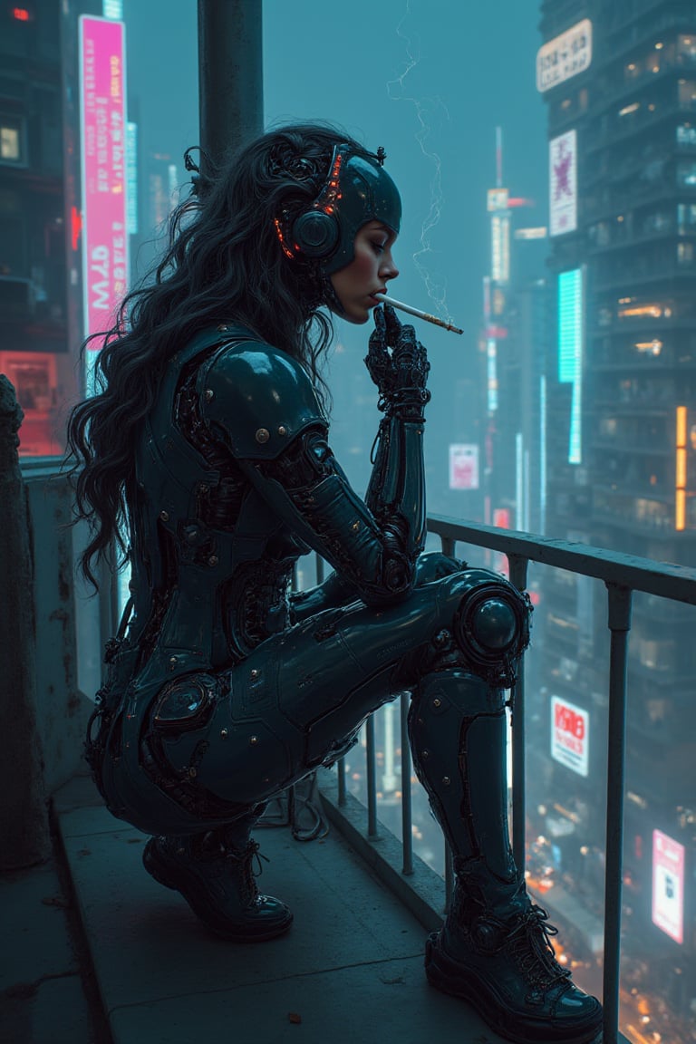   foreground, cyborg woman with robotic arms powered by hydraulic tensioners and robotic legs with hydraulic tensioners finished in designer spiked shoes smoking a cigarette while observing a very futuristic city at night with multi-colored neon lights from a balcony, very elaborate and detailed, very contrasted and detailed shadows, 8k resolution   ,MECH,COMBAT ARMOR