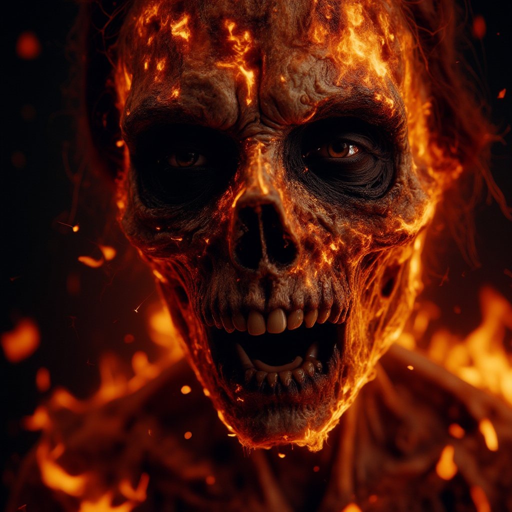 close-up of a burning woman, burnt skin, facial expression of pain, very elaborate and detailed, very fine details, very contrasting shadows, strong frontal overhead lighting