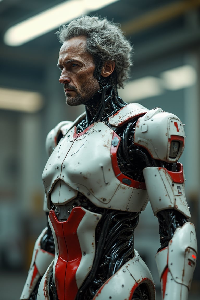 Full body image of a humanoid combat android with white, red and white colors, its head is that of a 45-year-old man with very detailed skin with pores and wrinkles due to age, black hair with gray hair somewhat curly and tangled, in a robot factory looking for parts to repair itself, very elaborate and detailed, very fine details, very contrasting shadows, overhead lighting,MECH,COMBAT ARMOR