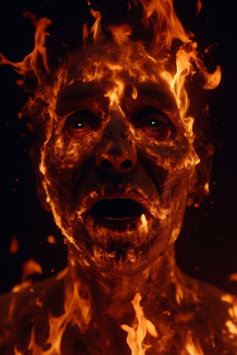 close-up of a burning woman, burnt skin, facial expression of pain, very elaborate and detailed, very fine details, very contrasting shadows, strong frontal overhead lighting