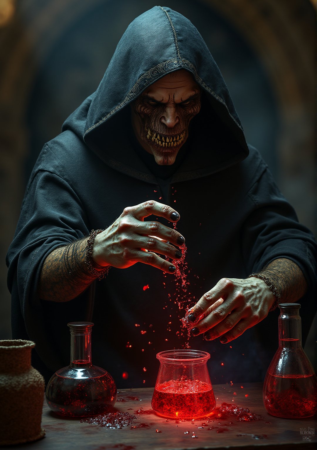 Necromancer making a poisonous potion in his alchemy lab, very elaborate and detailed, very fine details, very contrasting shadows, strong side lighting, anatomically perfect five-fingered hands