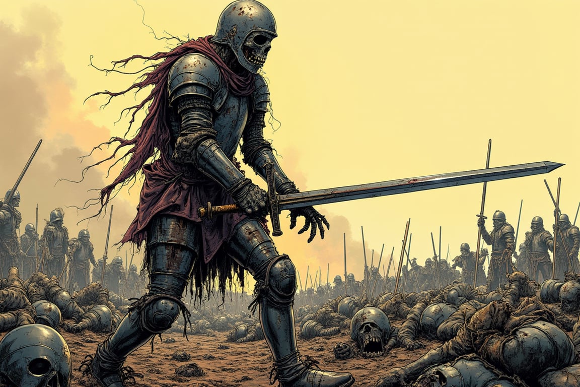    Comic style illustration of a zombie knight without a helmet, his iron chainmail armor is dirty, rusty, dented and missing most of its parts, the zombie knight is dragging a heavy sword with his bony right hand, his skin is stuck to his bones, he is walking through a battlefield full of fallen soldiers at his feet, very elaborate and detailed, very fine details, very contrasting shadows, strong side lighting ,MEDIEVAL ARMOR