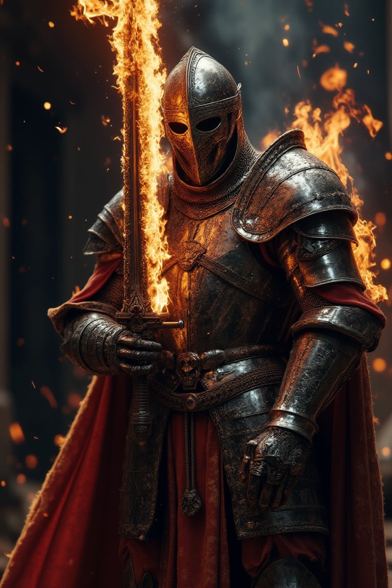 Medieval knight with very elaborate silver armor and with many details carrying a large magic sword burning in flames, very elaborate and detailed, very fine details, very contrasting shadows, strong frontal overhead lighting, only the magic sword is burning, nothing else burns in the scene,MEDIEVAL ARMOR