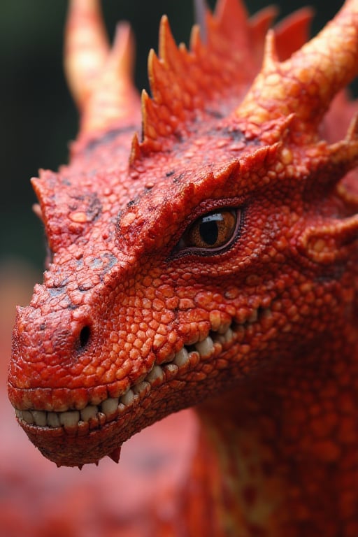 Close-up of a red fire dragon, elongated jaw and mouth, perfect and detailed eyes, perfect and detailed scans, fine and pointed teeth, very focused, 8k resolution