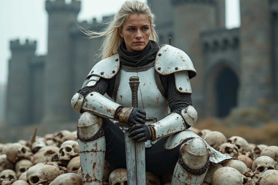   a warrior woman with armor fused between medieval armor and white futuristic combat armor without a helmet, her face is that of a 30-year-old warrior tanned in many battles, skin with pores and natural wrinkles of age and a scar on her right cheek, her blonde hair with gray and white grays, her armor is dirty, dented and clothing in some parts, holding the handle of her great two-handed saw-sword of one meter and twenty centimeters between her hands, she is wearing very tanned and cracked black leather gloves, she is sitting on a pile of human skulls at the entrance of a castle full of towers and beacons, very elaborate and detailed, fine details, very contrasted shadows, 8k resolution, hands with five fingers of normal proportions without deformations and without stuck fingers  MECH,MEDIEVAL ARMOR,COMBAT ARMOR,CASTLE