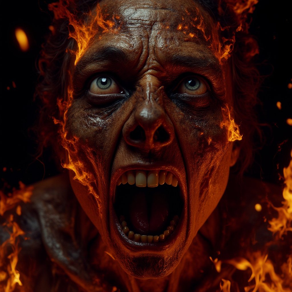 close-up of a burning woman, burnt skin, facial expression of pain, very elaborate and detailed, very fine details, very contrasting shadows, strong frontal overhead lighting