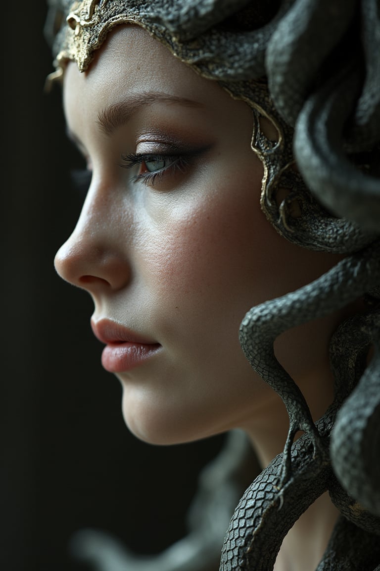 Close-up of Medusa in Greek mythology, a very beautiful woman's face, skin with pores without shine and light color, her head is snakes, very elaborate and detailed, very fine details, very contrasting shadows, strong lateral lighting