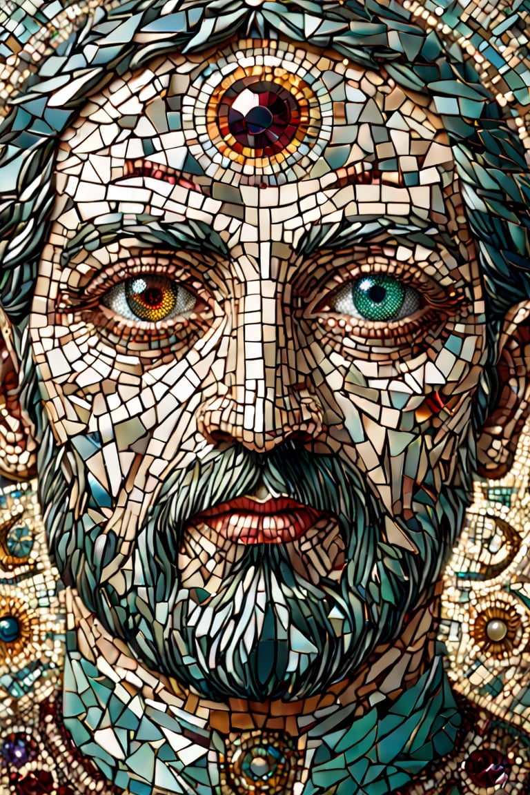 two-dimension, two dimensional, 2D, headshot of Byzantine Mosaic of a priest. (((mosaic))), broken eye, broken eyeball, facture/(eye/), (((alchemy))), sun, moon, diametrically opposed, left right, up down, split, (((holy geometry eye))), vibrant, (((saturation))), differential, colors, mouth mosaic, nose mosaic, eyebrow mosaic, (((simple))), eyes mosaic, lips mosaic, (masterpiece, top quality, best quality, official art, beautiful and aesthetic:1.2),16k, high resolution, perfect dynamic composition, bokeh, (sharp focus:1.2), super wide angle, high angle, high color contrast, medium shot, depth of field, blurry background,,itacstl,DonMBr0ck3nM1rr0rXL, emerald, ruby, diamond, lapiz,