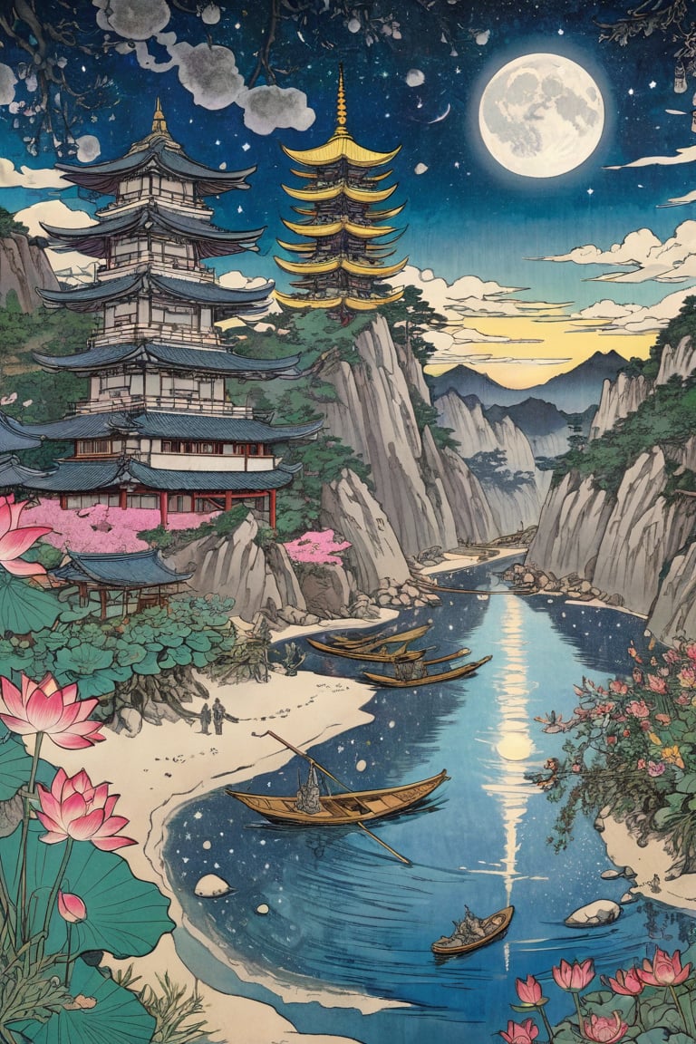 (city scape), woodland, cliffs, beach, bracing towering buildings, chrome surface towers, brass roofs, wide canal, bulbous vegetation, feathers, flower, bloom, lotus, 4k, highest quality, hyper reality, clear sky, starry day, moon, sun, plants, galaxy, Ukiyo-e,ink,colorful,samurai,shogu,amaterasu,scene,B&W,anime,cyberpunk