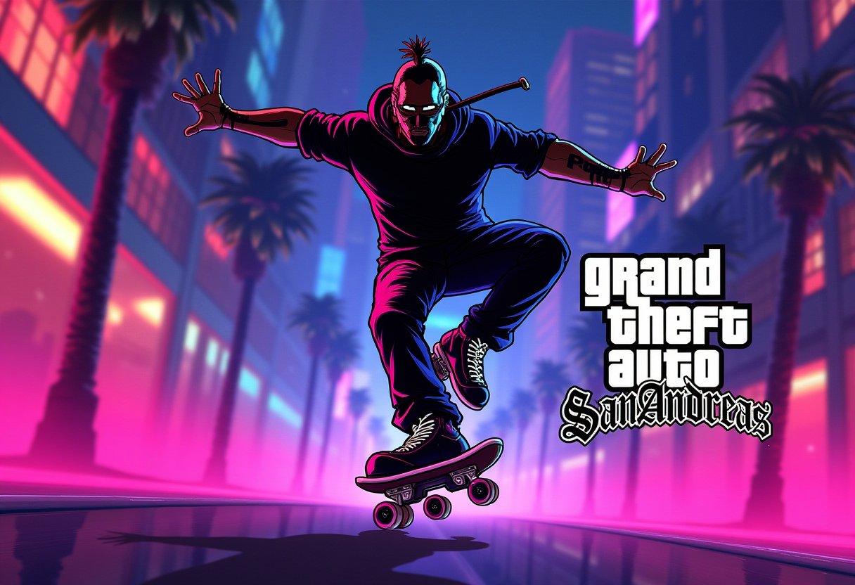 A vibrant urban setting with a gay ninja in sleek, modern attire, rollerblading gracefully on a neon-lit city street. The ninja is mid-air, performing a stylish jump, with dynamic lighting casting sharp shadows. The composition is centered, capturing the ninja's confident pose and the cityscape in the background.,gtastyle,A stylized illustration of a character from Grand Theft Auto,shadow,San Andreas,poster text "'GRAND THEFT AUTO''SAN ANDREAS'"