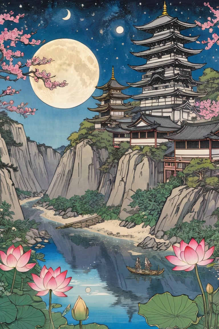 (city scape), woodland, cliffs, beach, bracing towering buildings, chrome surface towers, brass roofs, wide canal, bulbous vegetation, feathers, flower, bloom, lotus, 4k, highest quality, hyper reality, clear sky, starry day, moon, sun, plants, galaxy, Ukiyo-e,ink,colorful,samurai,shogu,amaterasu,scene,B&W,anime,cyberpunk