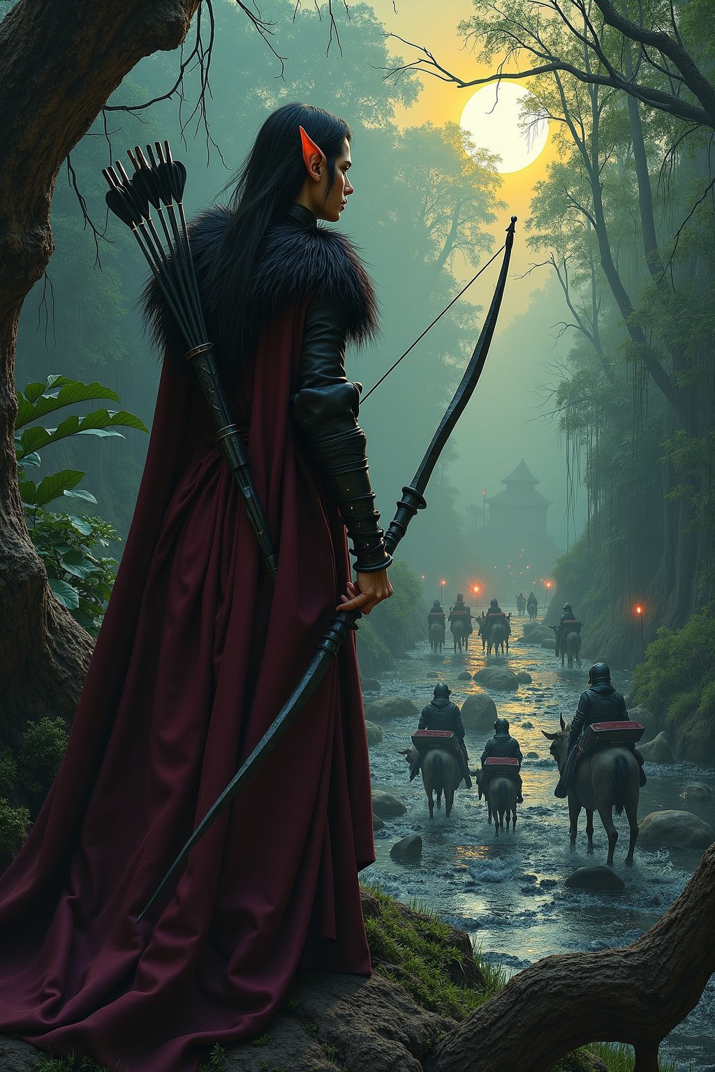 We're in a fantasy world, Elves are fighting for survival by any means nessecary. The swamp is lush with moisture, and alive with frogs, fireflies, dragonflies and ravens. From straight above we see an alluring elven rangers back, taking cover atop a gnarled tree branch, knocking an arrow, ready to ambush the approaching convoy on the rocky path below. The convoy is made up from multiple figures, and pack animals. They are carrying goods, luggage, and coal. The rangers dark red purple silks and black furred cape blending with the shadows. Hiding from the gaze of the scouts, behind branches, and trunks. Her extra long metal quiver full of black arrows slung behind her back. Her elf ears twitch slightly as she listens intently, her face painted with subtle earth tones that seem to shift in harmony with the moon's gentle glow. In the distance a bright yellow flare signals the arrival of a convoy.