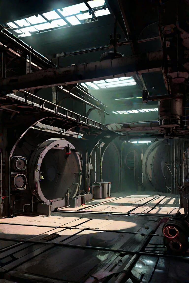 scenery, sh,retro artstyle, ((low ceiling)), clean floor, low light, dark, metal, matte, green, running lights, pipes, piping, rust, corrosion, energy pulse, fog, mist, round door, rounded doorway, round doorframe, (round), ((fan)), ((vent)), venting,noc-space,VNS_Fantasy Ruin, console, medieval interior, (((metal floor))), cat walk, high beam, rafters, scaffolding, tarp, destroyed, runway, garage, hangar