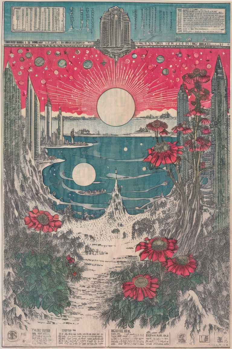 (city scape), woodland, cliffs, beach, bracing towering buildings, chrome surface towers, brass roofs, bulbous vegetation, feathers, flower, bloom, lotus, 4k, highest quality, hyper reality, clear sky, starry day, moon, sun, plants, galaxy, Ukiyo-e,ink,colorful,amaterasu,scene,cyberpunk,detailed ice,(snow:0.6),science fiction,  green banners, gold,