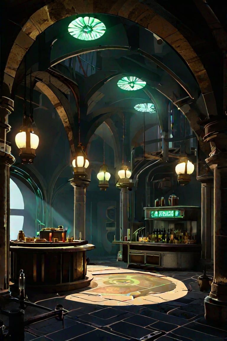 scenery, sh,retro artstyle, ((high ceiling)), (((round center atrium))), busy,clean floor, low light, dark, metal, matte, green, running lights, pipes, piping, rust, corrosion, energy pulse, fog, mist, round door, rounded doorway, round doorframe, fountain, table, food, drink, arches, pillar, cables, (round), ((fan)), ((vent)), venting,noc-space,VNS_Fantasy Ruin, console, medieval interior