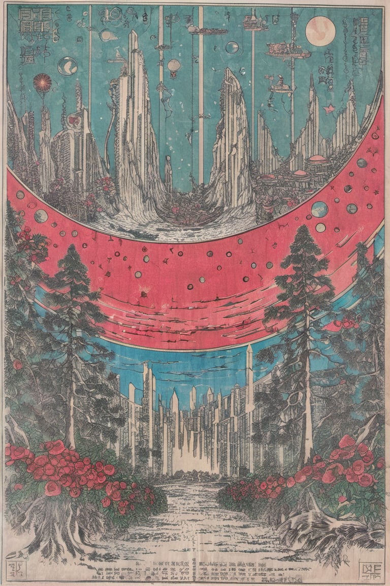 (city scape), woodland, cliffs, beach, bracing towering buildings, chrome surface towers, brass roofs, bulbous vegetation, feathers, flower, bloom, lotus, 4k, highest quality, hyper reality, clear sky, starry day, moon, sun, plants, galaxy, Ukiyo-e,ink,colorful,amaterasu,scene,cyberpunk,detailed ice,(snow:0.6),science fiction,  green banners, gold,