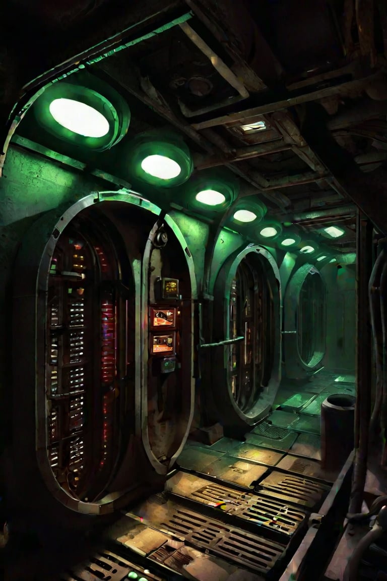 scenery, sh,retro artstyle, ((cramped)),  ((low ceiling)),clean floor, lift, cabin, elevator, low light, dark, metal, matte, green, running lights, pipes, piping, rust, corrosion, energy pulse, fog, mist, round door, rounded doorway, round doorframe, floor grates, arches, pillar, cables, (round), fan, vent, venting,noc-space,VNS_Fantasy Ruin, console, (((cockpit))), (((window))), medieval interior