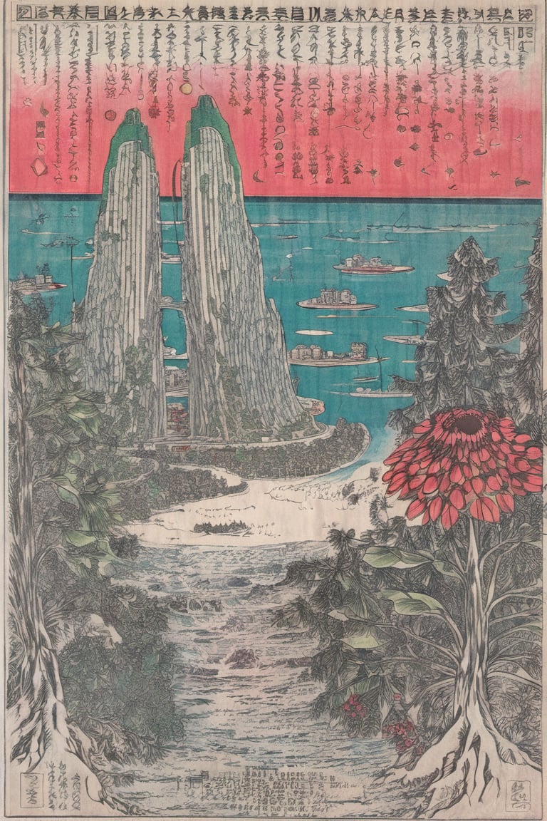 (city scape), woodland, cliffs, beach, bracing towering buildings, chrome surface towers, brass roofs, bulbous vegetation, feathers, flower, bloom, lotus, 4k, highest quality, hyper reality, clear sky, starry day, moon, sun, plants, galaxy, Ukiyo-e,ink,colorful,amaterasu,scene,cyberpunk,detailed ice,(snow:0.6),science fiction,  green banners, gold,