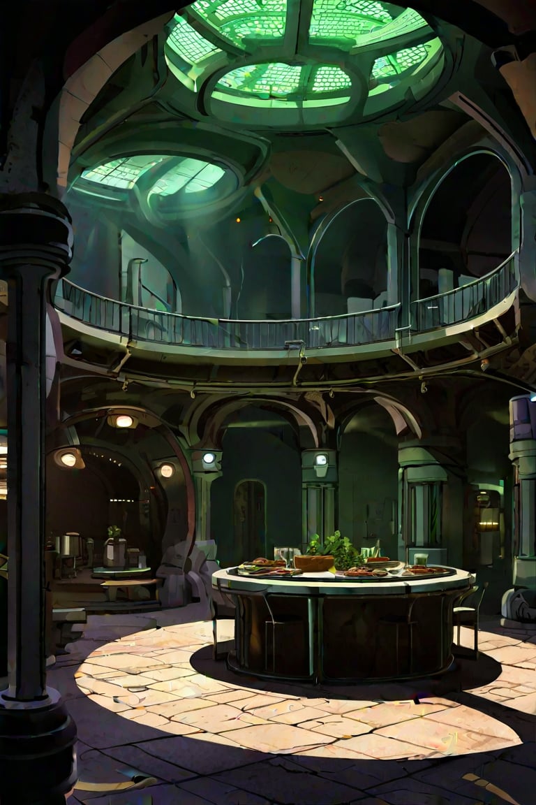 scenery, sh,retro artstyle, ((high ceiling)), (((round center atrium))), busy,clean floor, low light, dark, metal, matte, green, running lights, pipes, piping, rust, corrosion, energy pulse, fog, mist, round door, rounded doorway, round doorframe, fountain, table, food, drink, arches, pillar, cables, (round), ((fan)), ((vent)), venting,noc-space,VNS_Fantasy Ruin, console, medieval interior