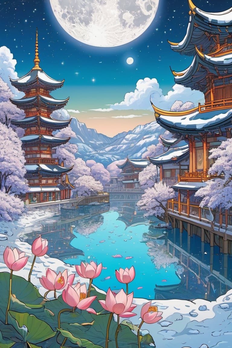 (city scape), woodland, (cliffs), beach, bracing towering buildings, chrome surface towers, (brass roofs), wide canal, bulbous vegetation, ((feathers)), flower, bloom, lotus, 4k, highest quality, hyper reality, clear sky, starry day, moon, sun, plants, galaxy, Ukiyo-e,ink,colorful,amaterasu,scene,anime,cyberpunk,detailed ice,snow,science fiction