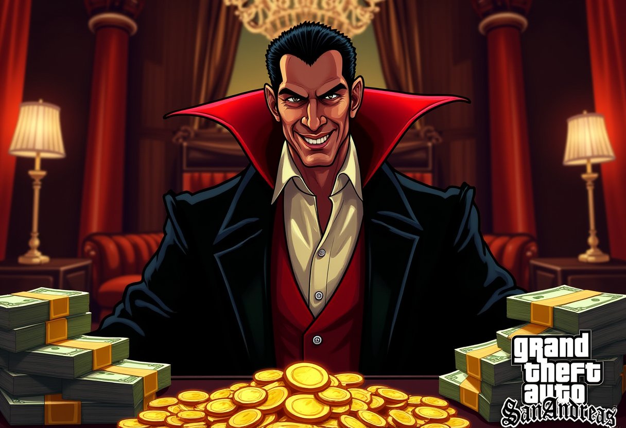 A wealthy Dracula in a luxurious, modern mansion, surrounded by gold coins and stacks of cash. The scene is framed close-up, capturing Dracula's confident smirk and the opulent setting. The lighting is dramatic, with shadows enhancing the richness of the room. The composition is centered, highlighting Dracula's wealth and the lavish environment.,gtastyle,A stylized illustration of a character from Grand Theft Auto,shadow,San Andreas,poster text "'GRAND THEFT AUTO''SAN ANDREAS'"