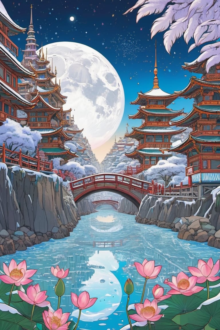 (city scape), woodland, (cliffs), beach, bracing towering buildings, chrome surface towers, (brass roofs), wide canal, bulbous vegetation, ((feathers)), flower, bloom, lotus, 4k, highest quality, hyper reality, clear sky, starry day, moon, sun, plants, galaxy, Ukiyo-e,ink,colorful,amaterasu,scene,anime,cyberpunk,detailed ice,snow,science fiction