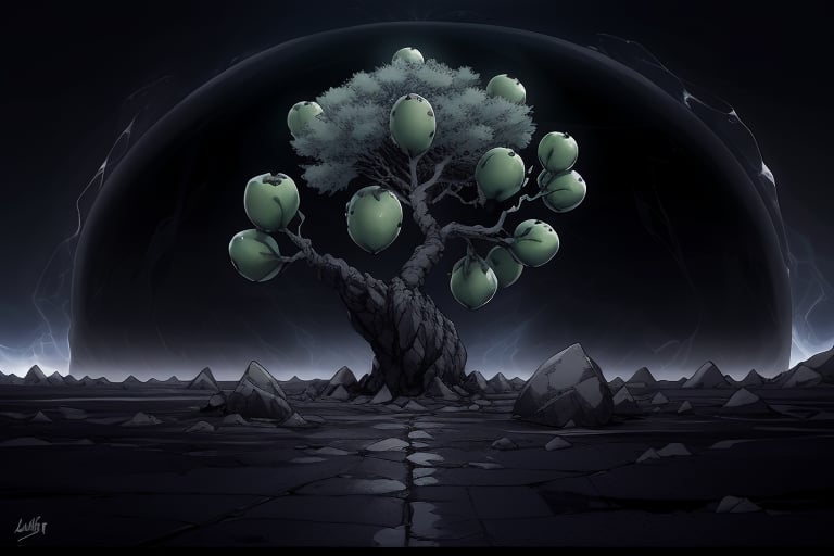 A desolate landscape of a barren wasteland in an unknown land, featuring a solitary, resilient tree standing against the dying of the light, now set against a backdrop of an eerie void. The scene captures the harsh, blackice terrain with sparse vegetation, emphasizing struggle for survival of the tree. There is no light, other than the luminescent leaves. The leaves are bulbous and sphereshaped like those of a melon or grape. They glow with incredible strengh. The scene is entirely lit by them and only them. The composition focuses on the tree as the central subject, framed by the vast, empty wasteland and the enveloping darkness of the void, highlighting its solitary battle against the encroaching obscurity, standing steadfast against an ionstorm.
