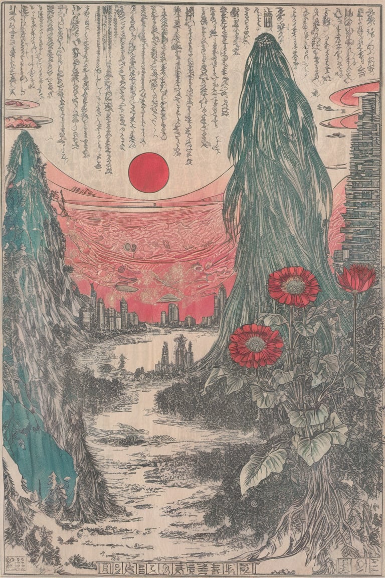 (city scape), woodland, cliffs, beach, bracing towering buildings, chrome surface towers, brass roofs, bulbous vegetation, feathers, flower, bloom, lotus, 4k, highest quality, hyper reality, clear sky, starry day, moon, sun, plants, galaxy, Ukiyo-e,ink,colorful,amaterasu,scene,cyberpunk,detailed ice,(snow:0.6),science fiction,  green banners, gold,