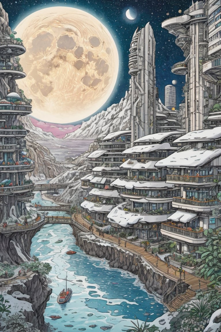 (city scape), woodland, cliffs, beach, bracing towering buildings, chrome surface towers, brass roofs, wide canal, bulbous vegetation, feathers, flower, bloom, lotus, 4k, highest quality, hyper reality, clear sky, starry day, moon, sun, plants, galaxy, Ukiyo-e,ink,colorful,samurai,shogu,amaterasu,scene,B&W,anime,cyberpunk,detailed ice,snow,science fiction