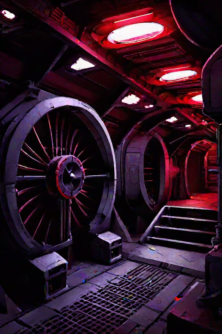 scenery, sh,retro artstyle, ((cramped)),  ((low ceiling)), black, shadow, ((stair)), clean floor, ladder, gate, access hatch, ramp, ((dark)) , low light, dark, metal, matte, deep red, running lights, pipes, piping, rust, corrosion, energy pulse, fog, mist, round door, rounded doorway, round doorframe, floor grates, arches, pillar, cables, (round), (((fan))), vent, venting,noc-space,VNS_Fantasy Ruin, console, (((cockpit))), (((window))), medieval interior