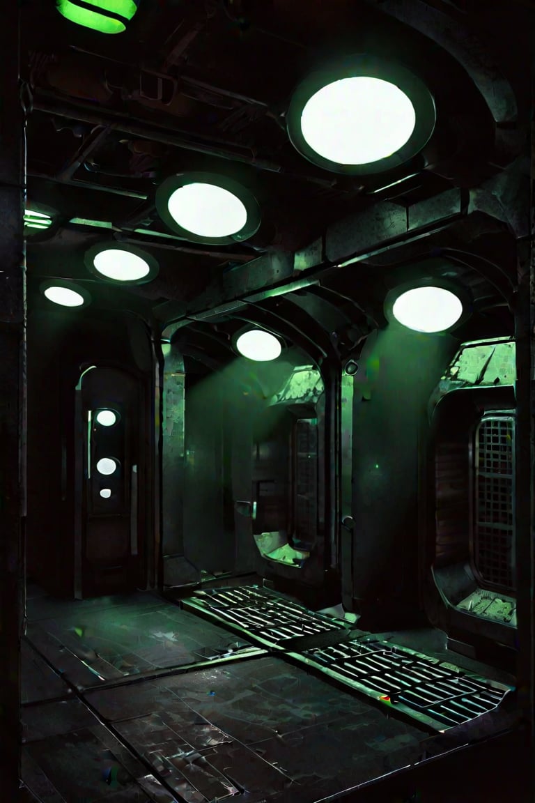 scenery, sh,retro artstyle, ((cramped)),  ((low ceiling)), LED,((black)), ((shadow)), clean floor, lift, cabin, elevator, low light, dark, metal, matte, green, running lights, pipes, piping, rust, corrosion, energy pulse, fog, mist, round door, rounded doorway, round doorframe, floor grates, arches, pillar, cables, (round), fan, vent, venting,noc-space,VNS_Fantasy Ruin, console, (((cockpit))), (((window))), medieval interior