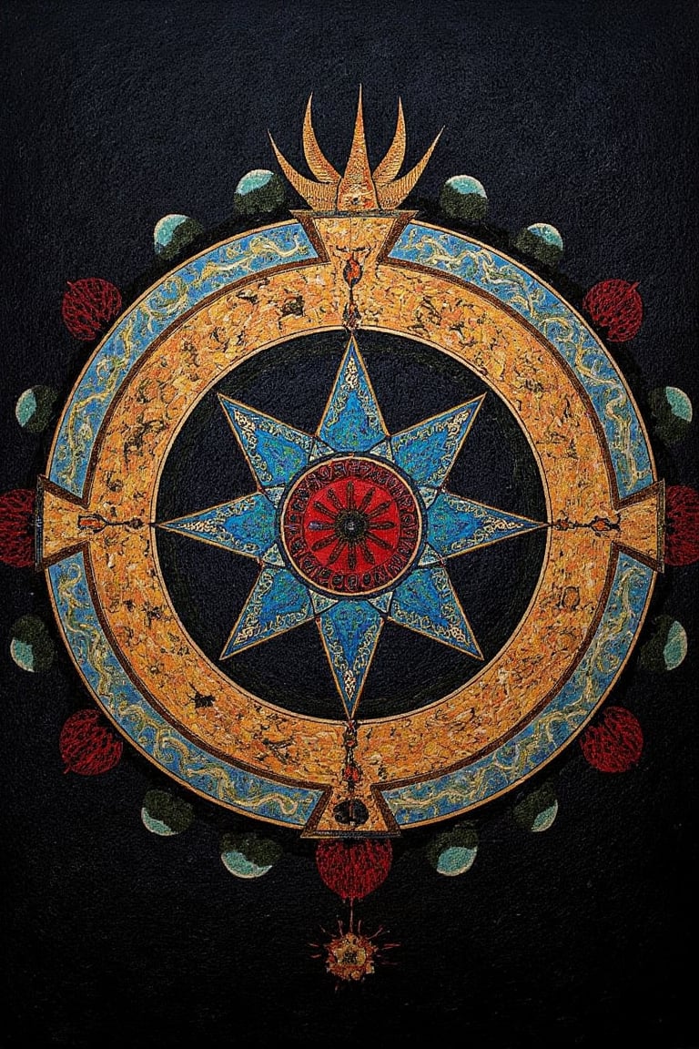 painting,oil-on-canvas style of classic painting, eight pointed star, third dimension, coordinates, ring, dragon eye, basilisk, horn, jung,pyramid, lion